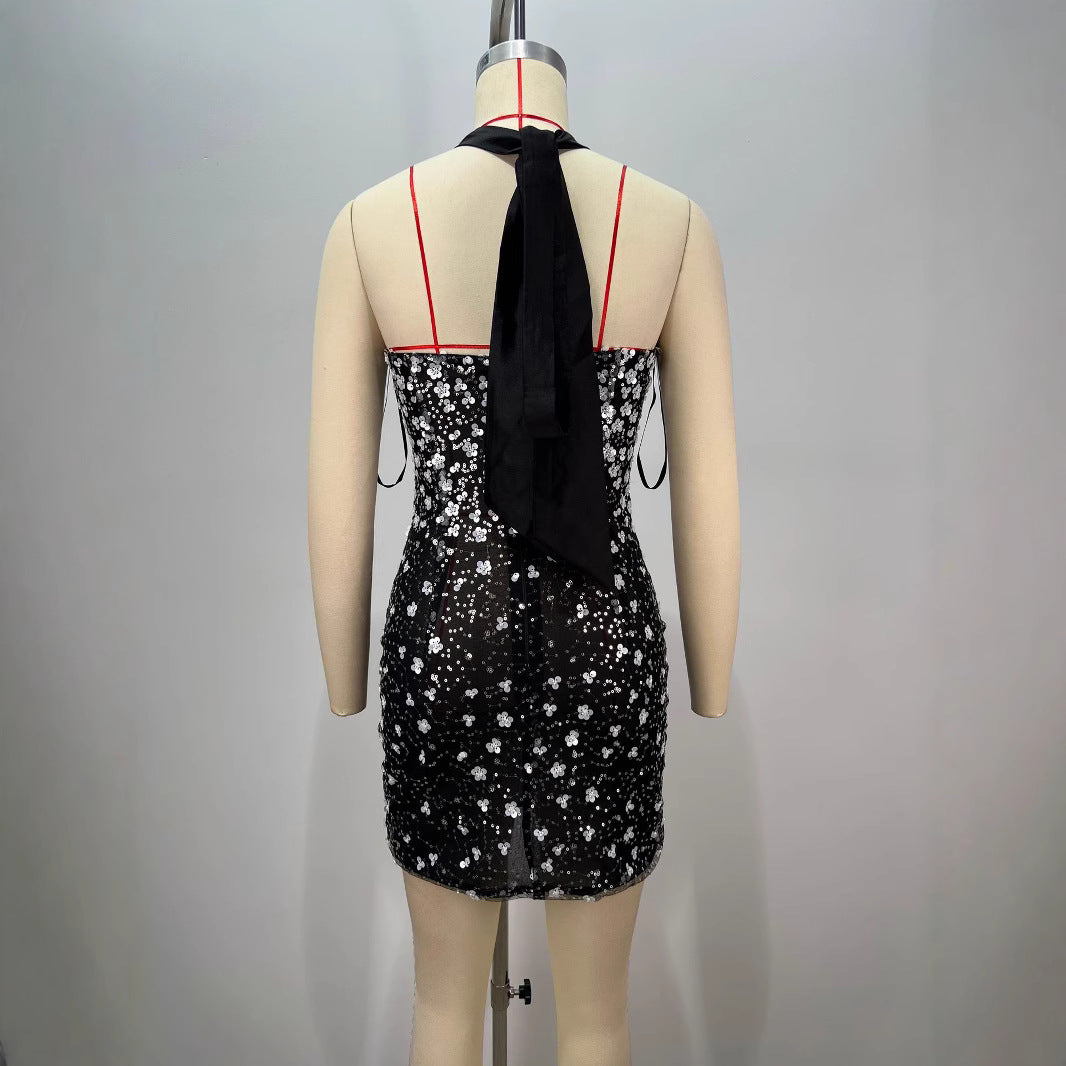 VC Black Slimming Halter Short Dress For Women